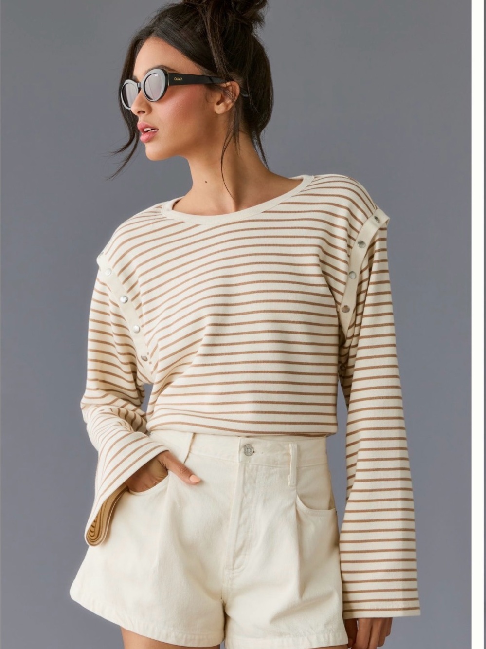 Maeve Cream and Tan Striped Button-Shoulder Long Sleeve Top